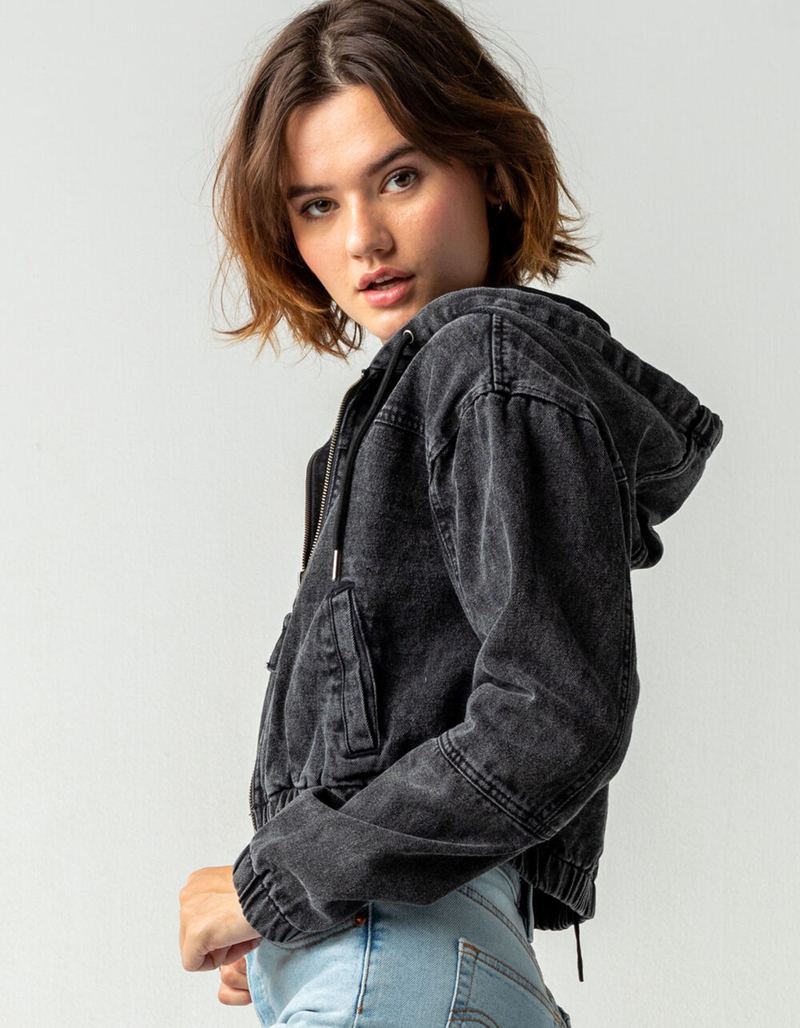 ASHLEY Acid Wash Womens Black Hooded Denim Bomber Jacket image number 1