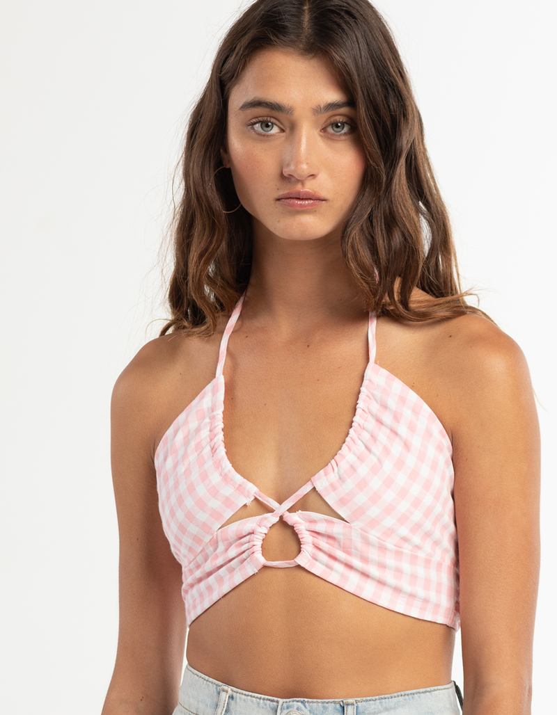 RSQ Womens Plaid Cross Front Halter Top  image number 0