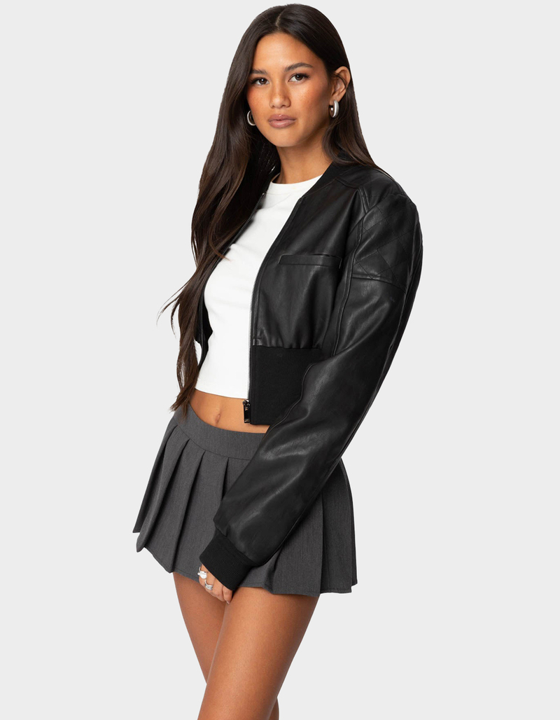 EDIKTED Cropped Faux Leather Bomber Jacket image number 2