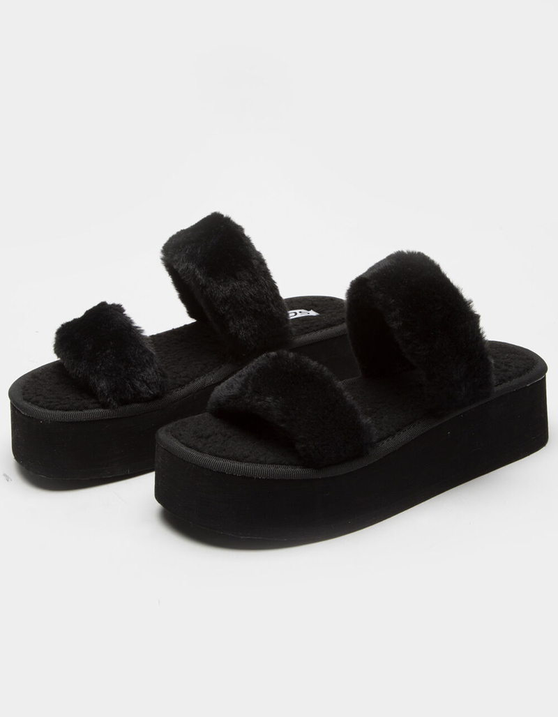 SODA Dual Strap Faux Fur Womens Black Flatform Sandals image number 0