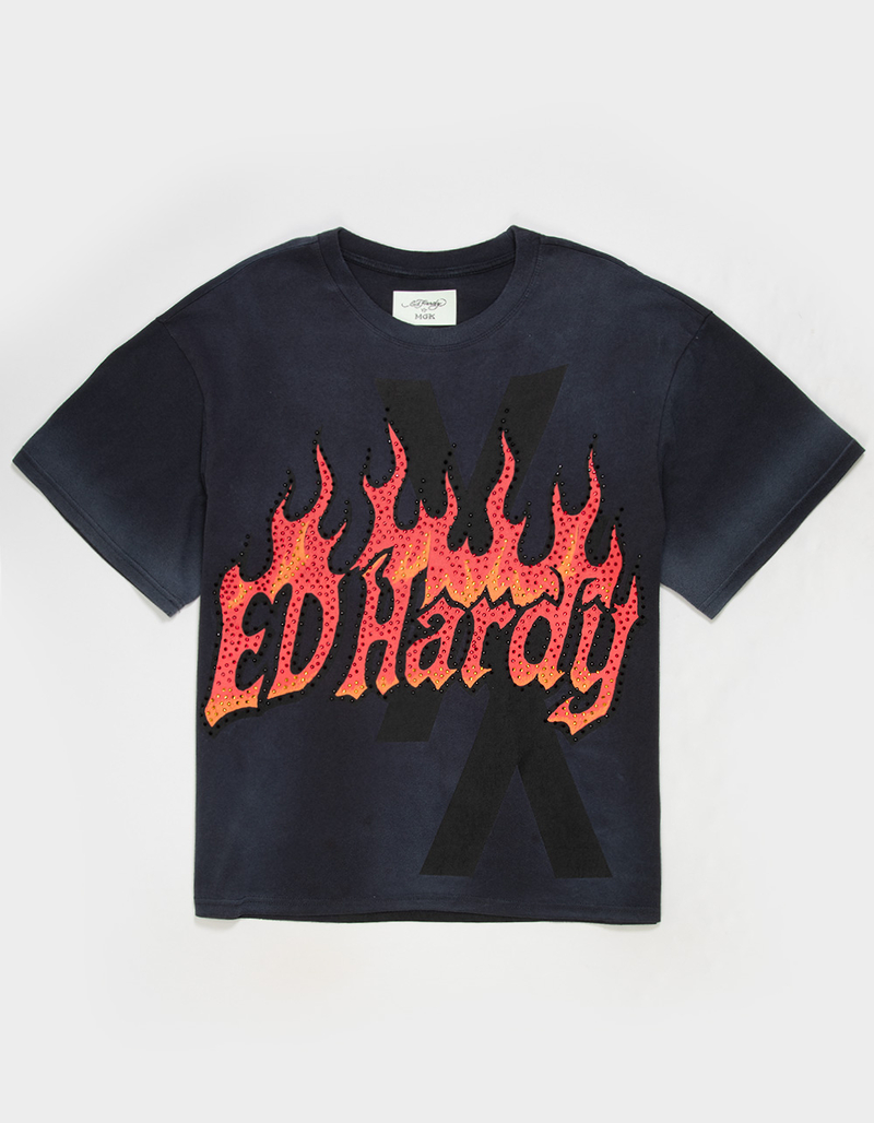 ED HARDY x MGK Flames Shadow Rhinestone Mens Boxy Tee image number 0