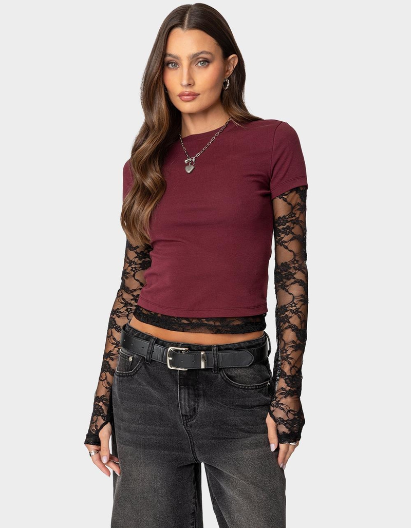 EDIKTED Layered Lace Sleeve Tee image number 0