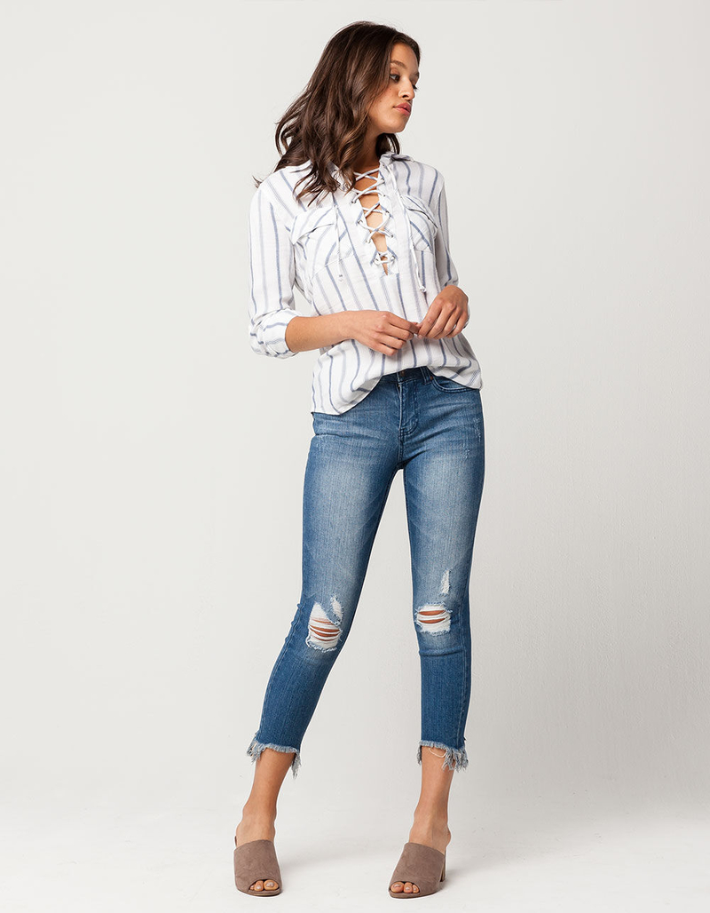 SKY AND SPARROW Fray Ankle Womens Ripped Skinny Jeans image number 3