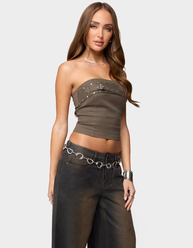 EDIKTED Nadiya Twill Belted Strapless Top image number 1