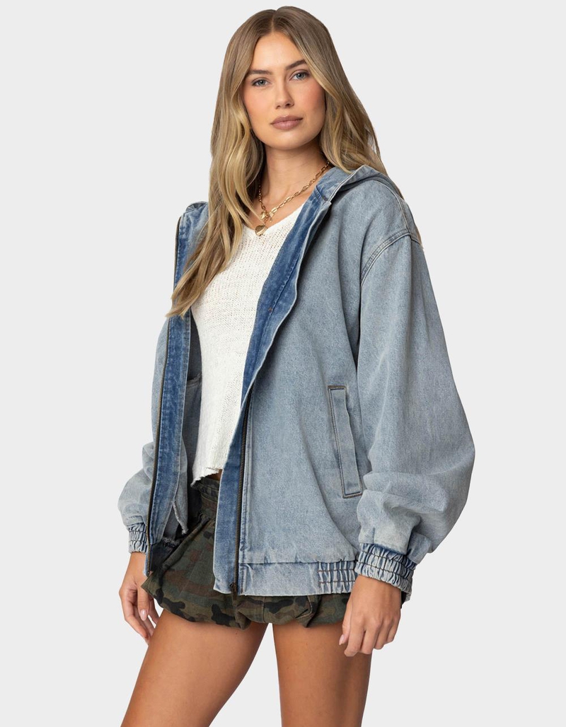 EDIKTED Hooded Vintage Washed Denim Bomber Jacket