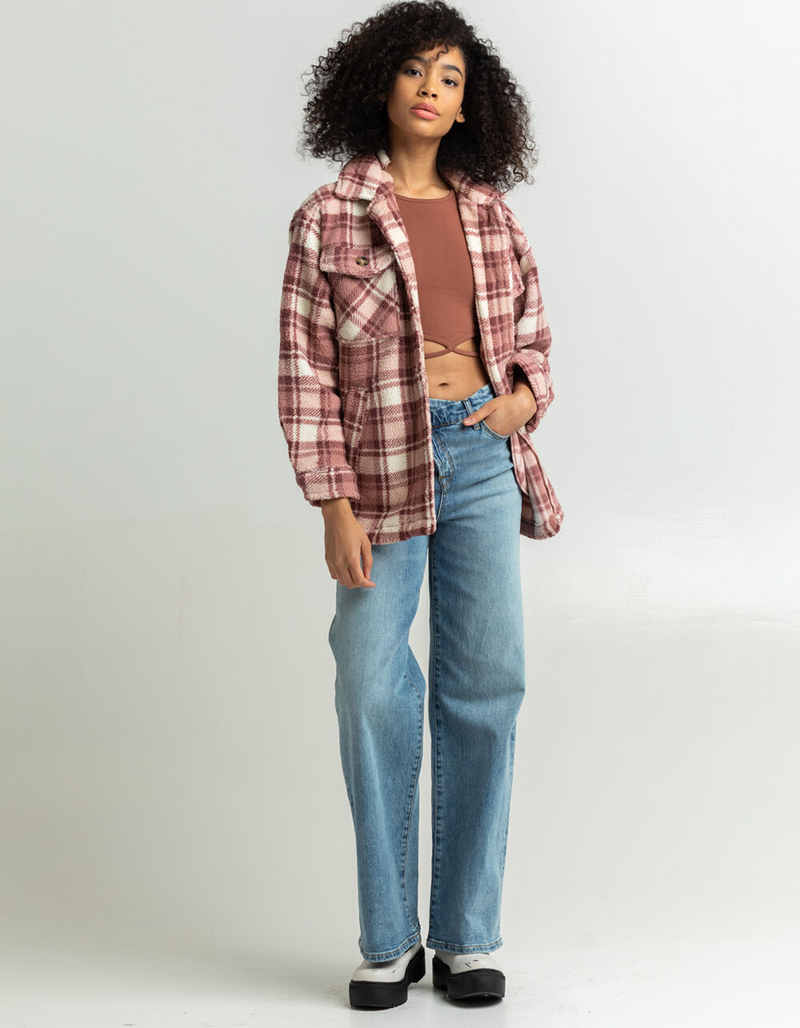 LOVE TREE Plaid Sherpa Womens Shacket image number 3