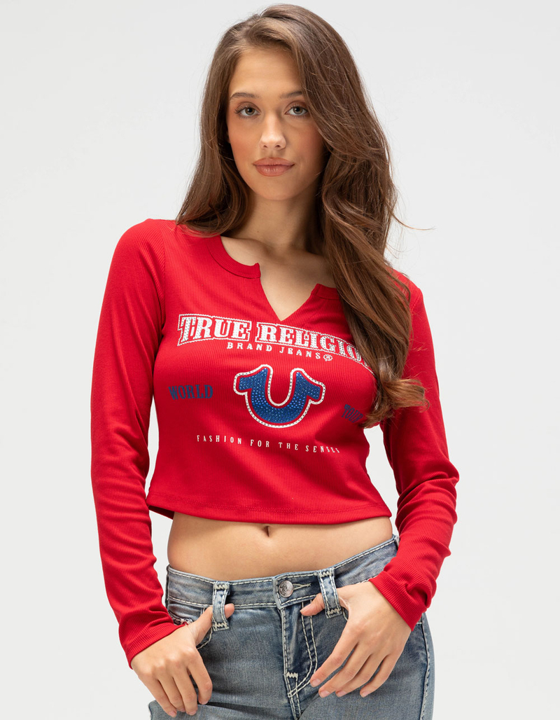 TRUE RELIGION Rhinestone V Notch Womens Long Sleeve Tee image number 0