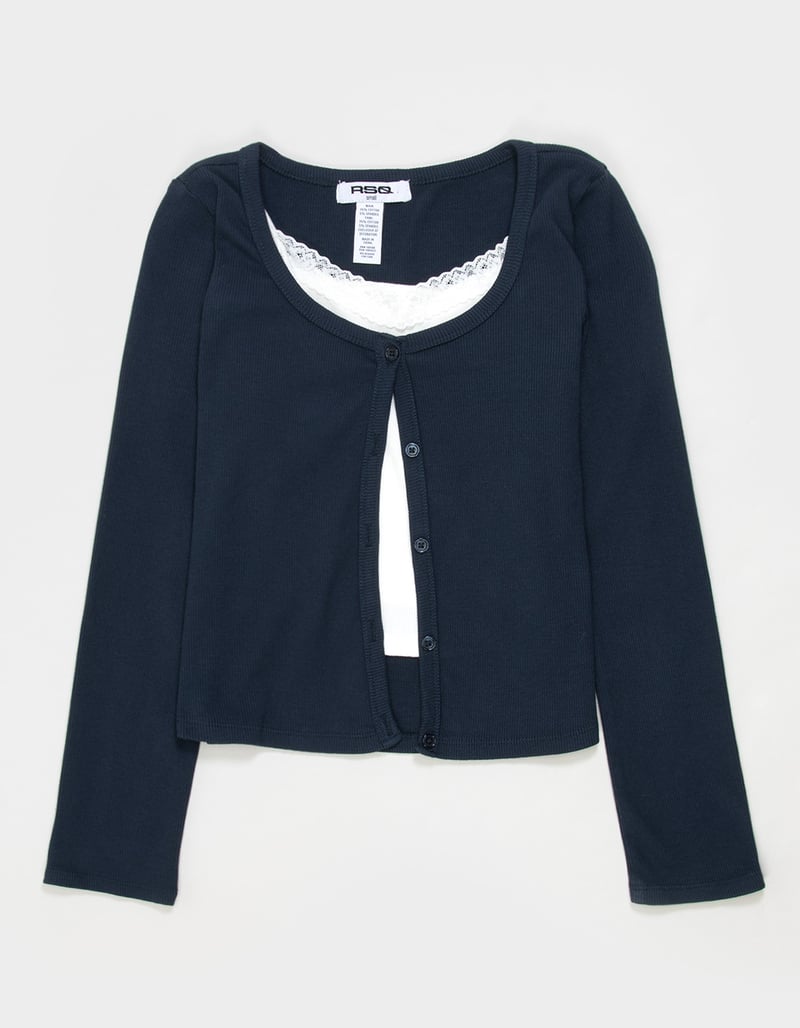 RSQ Girls Button Front Long Sleeve 2fer Top image number 1