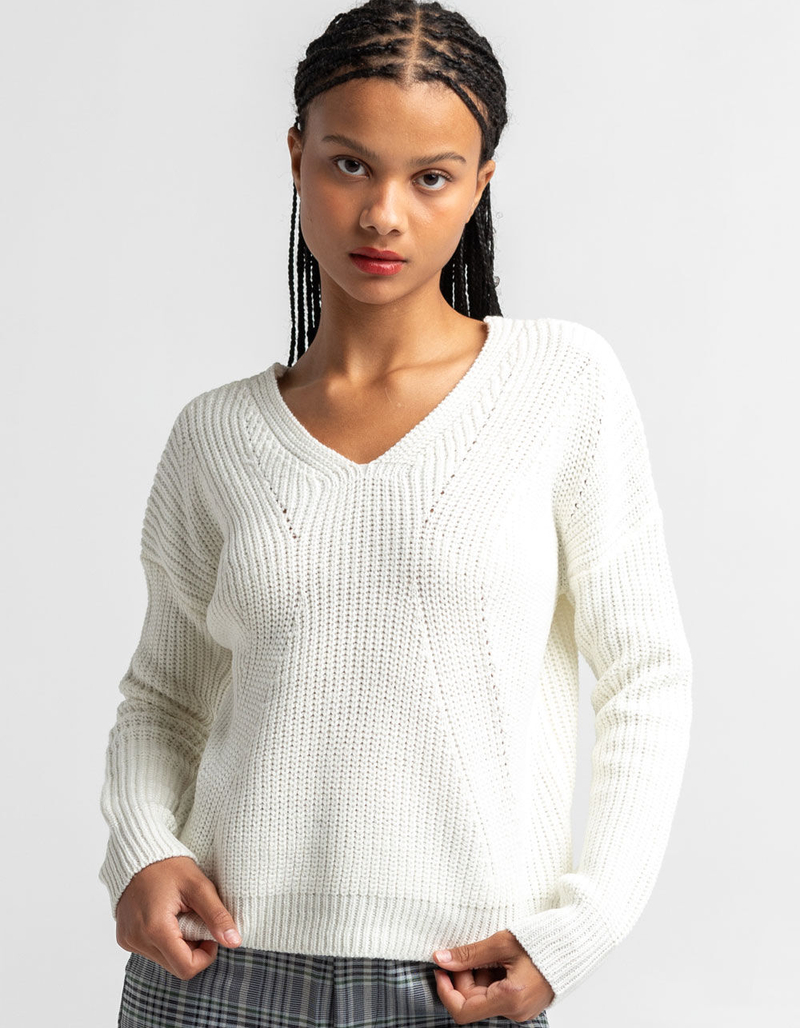 POOF APPAREL Womens V Neck Eyelet Pullover Sweater image number 0