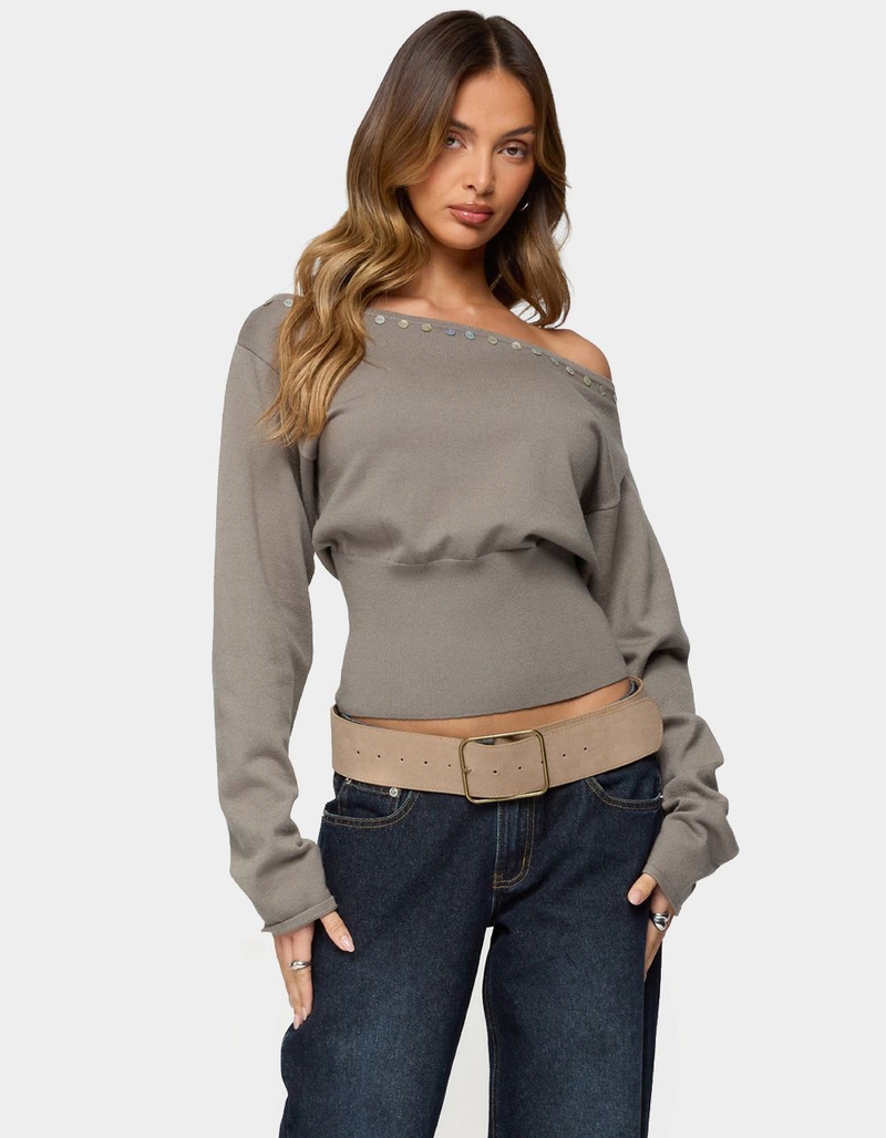 EDIKTED Carmela Iridescent Button Off Shoulder Sweater image number 0
