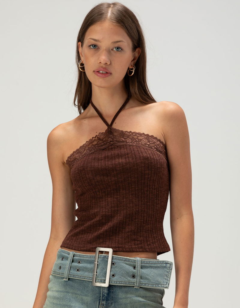 WEST OF MELROSE Lace Trim Y-Neck Womens Halter Top image number 0