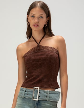 WEST OF MELROSE Lace Trim Y-Neck Womens Halter Top Primary Image