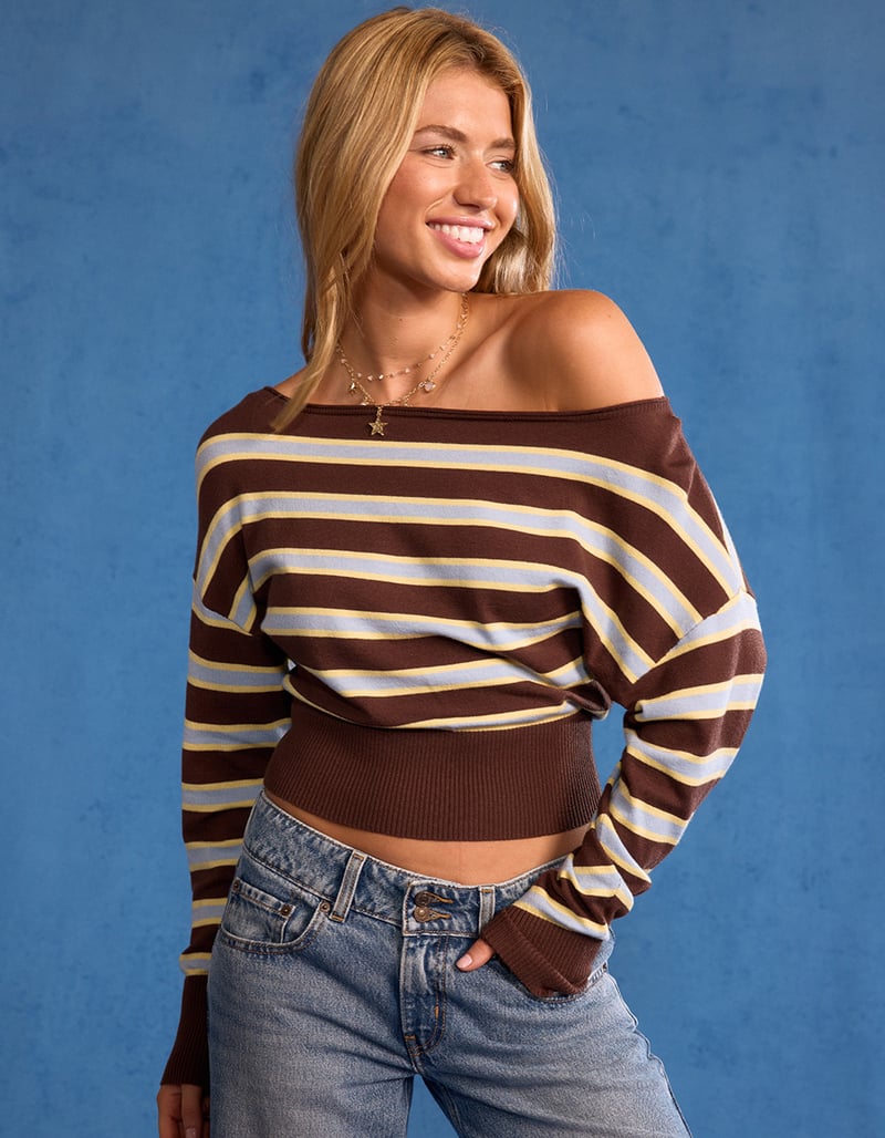 RSQ Womens Off The Shoulder Stripe Banded Bottom Sweater image number 0
