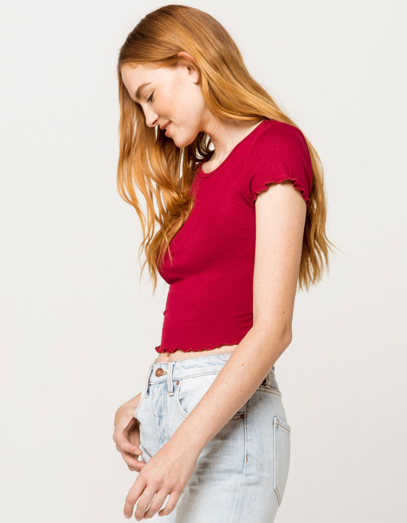 BOZZOLO Ribbed Lettuce Edge Cranberry Womens Crop Tee image number 1