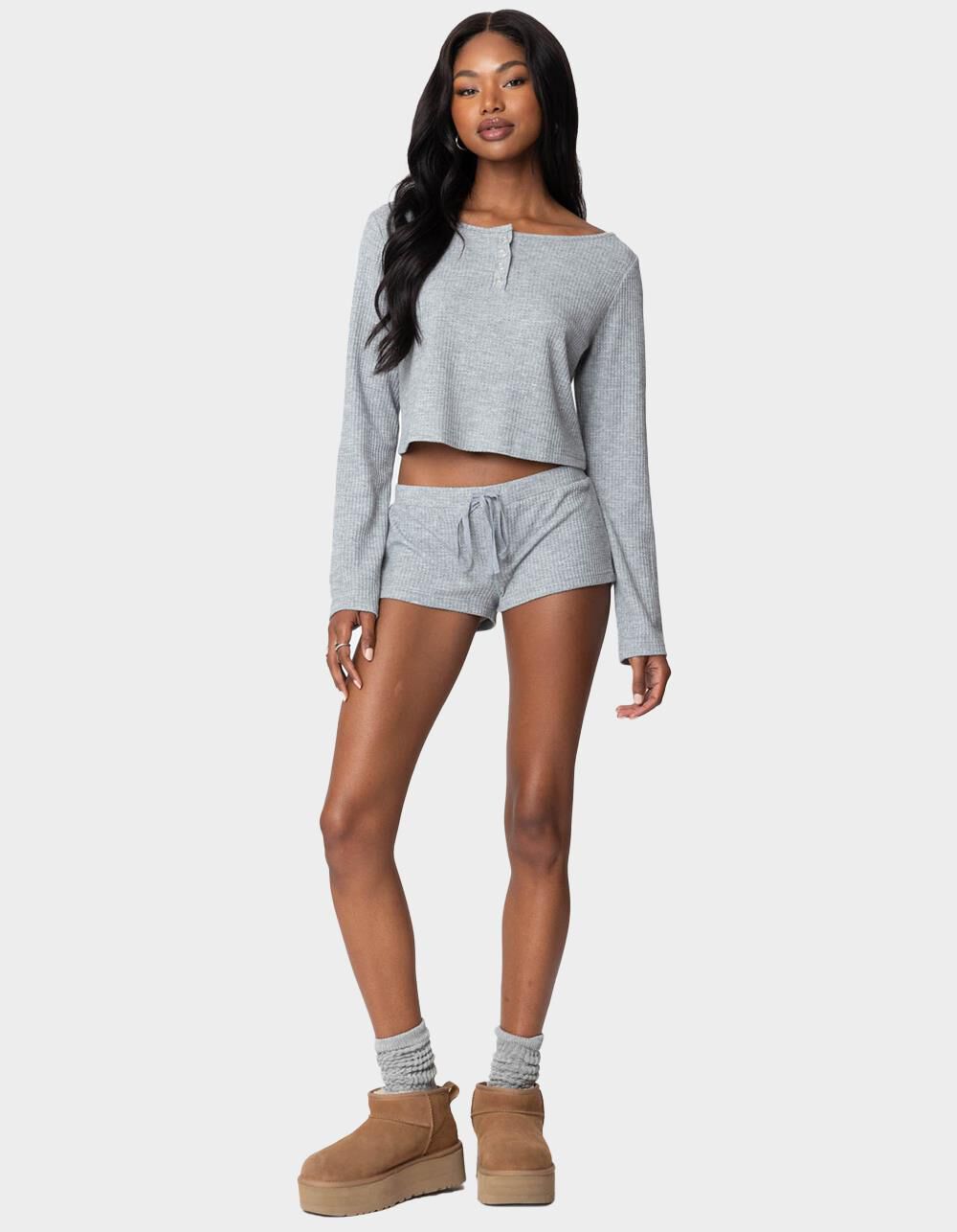 EDIKTED Teddy Cropped Waffle Top - GRAY | Tillys