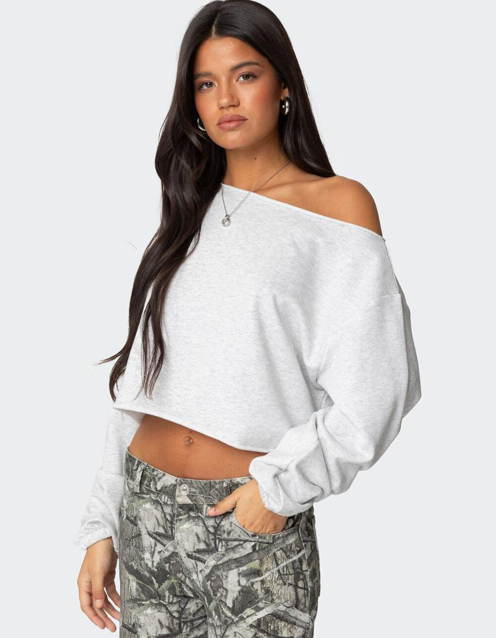 EDIKTED Aveline Off Shoulder Light Sweatshirt - GRAY | Tillys