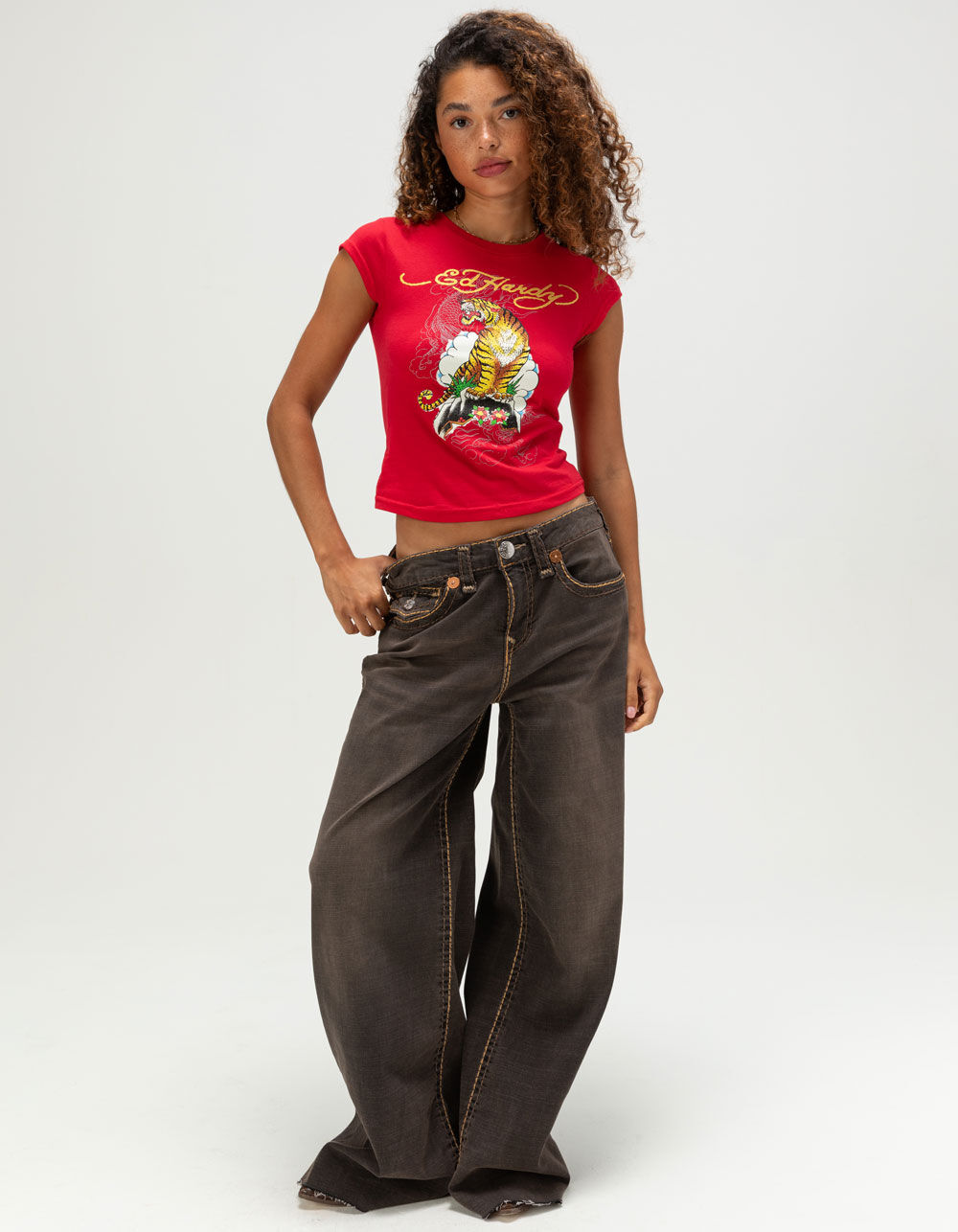 ED HARDY Tiger Mountain Womens Cap Sleeve Tee - RED - XL | Tillys