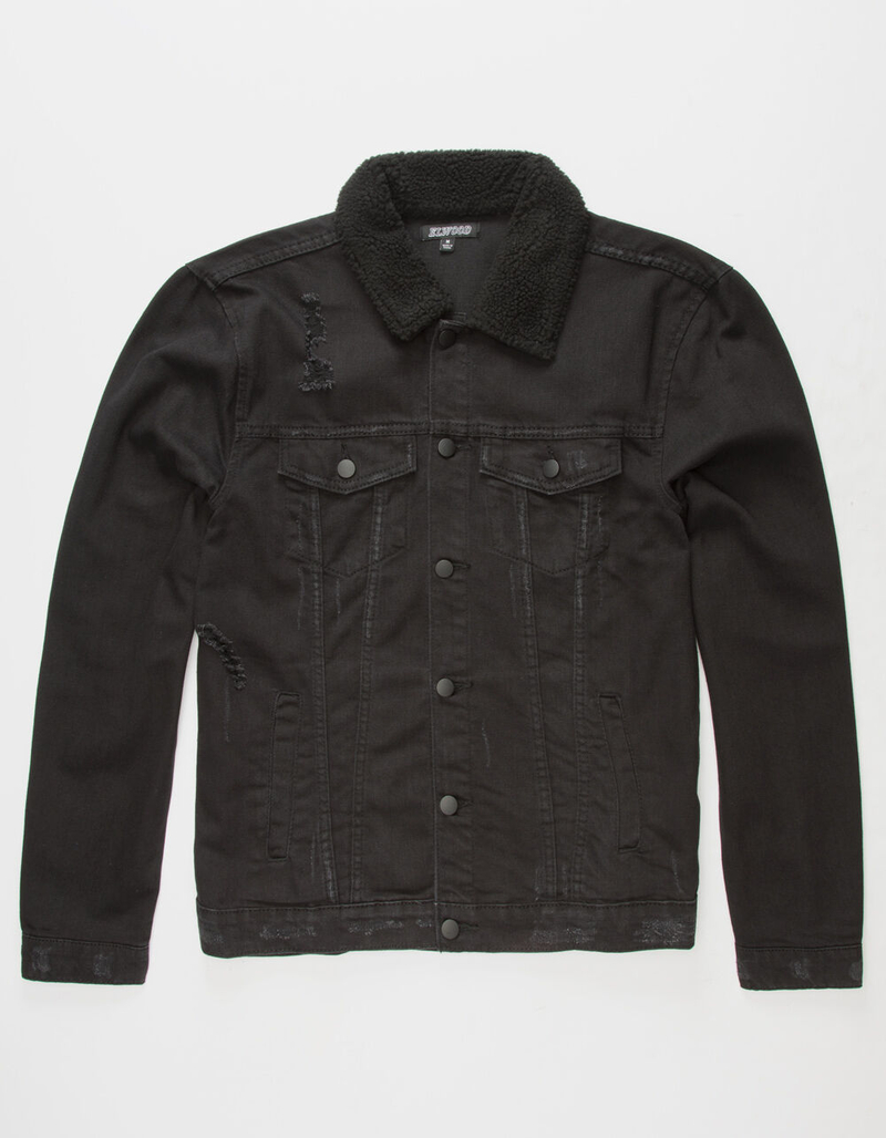 ELWOOD Trucker Sherpa Collar Black Mens Ripped Denim Jacket image number 0