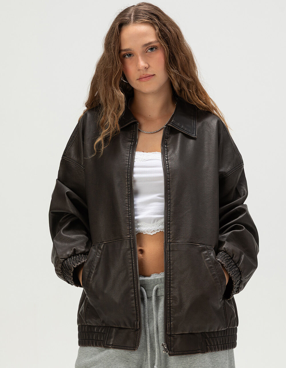 RSQ Womens Oversized Faux Leather Bomber Jacket - BROWN | Tillys
