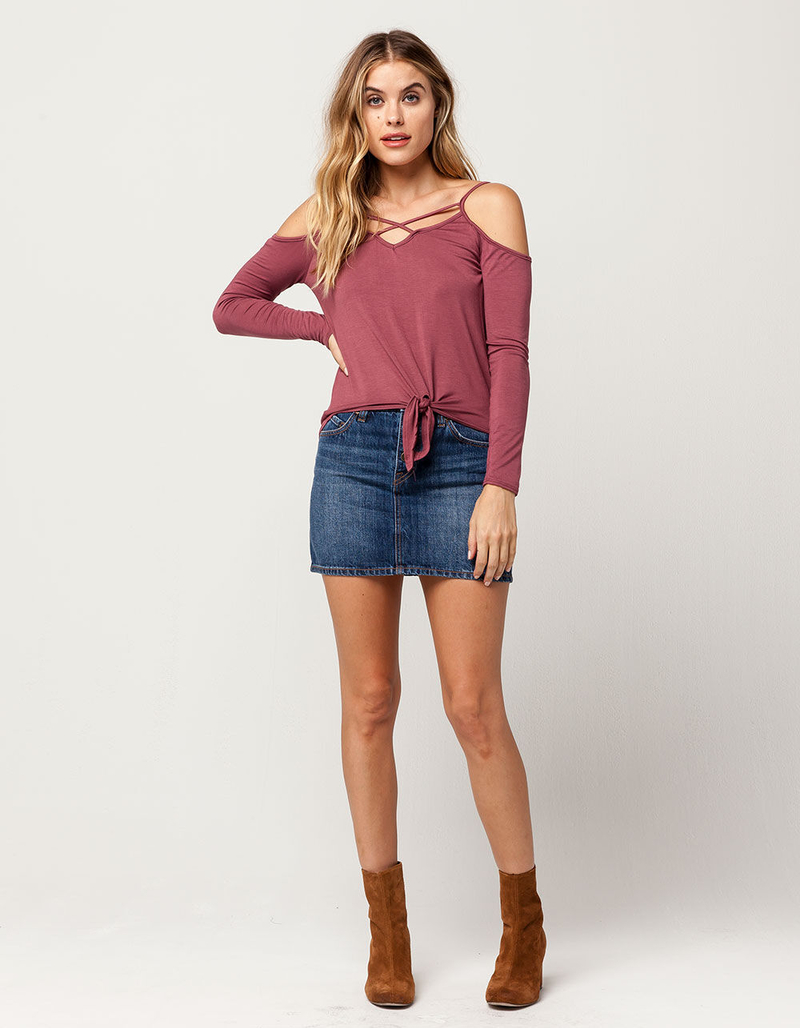 SKY AND SPARROW Tie Front Womens Cold Shoulder Top image number 3