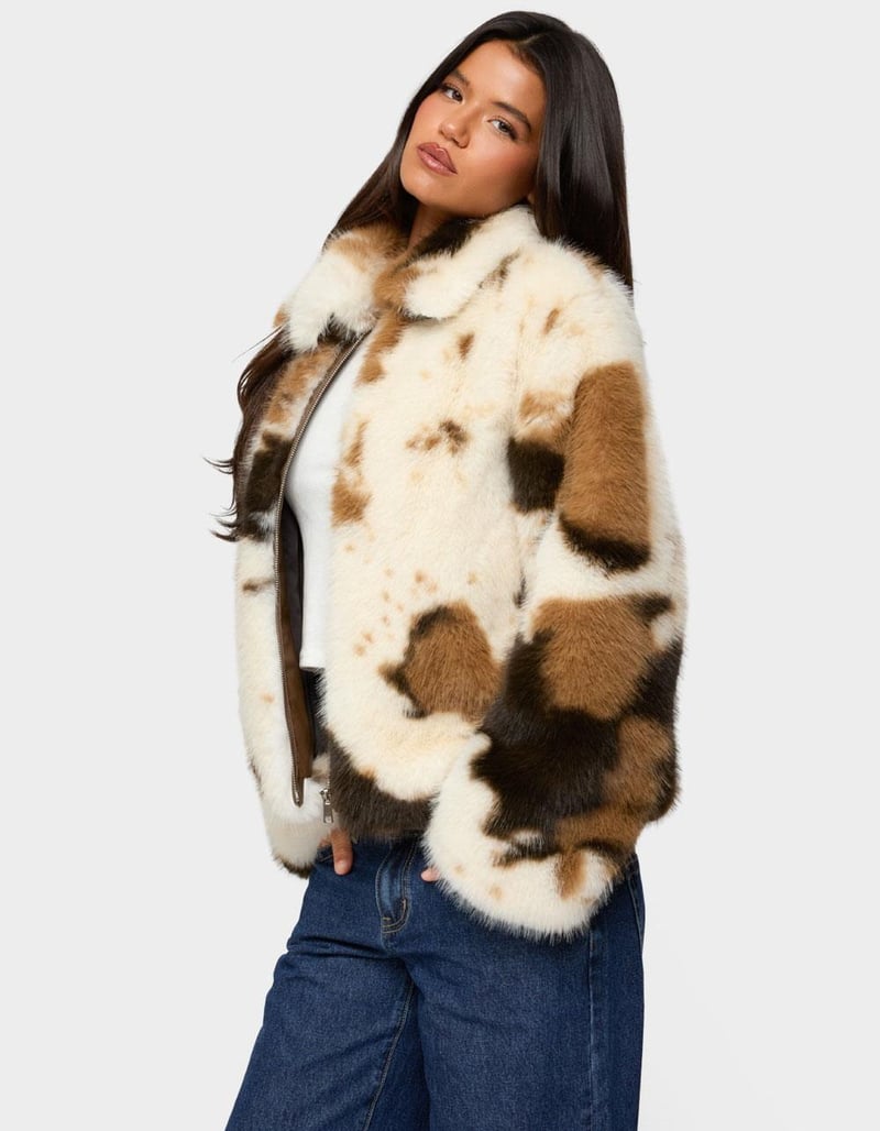 EDIKTED Rayan Cow Print Faux Fur Jacket image number 1