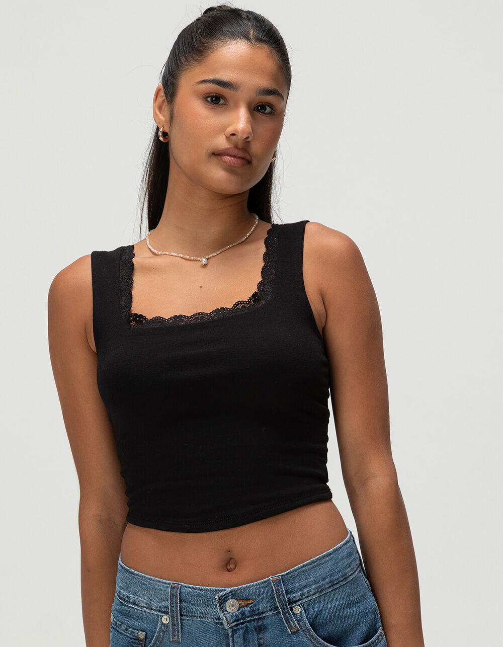 BOZZOLO Womens Lace Trim Square Neck Top - BLACK | Tillys
