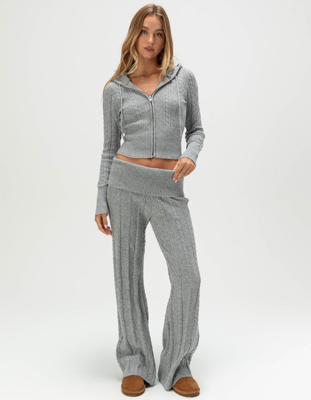 FULL TILT Cable Knit Womens Fold Over Pants - HEATHER GRAY | Tillys