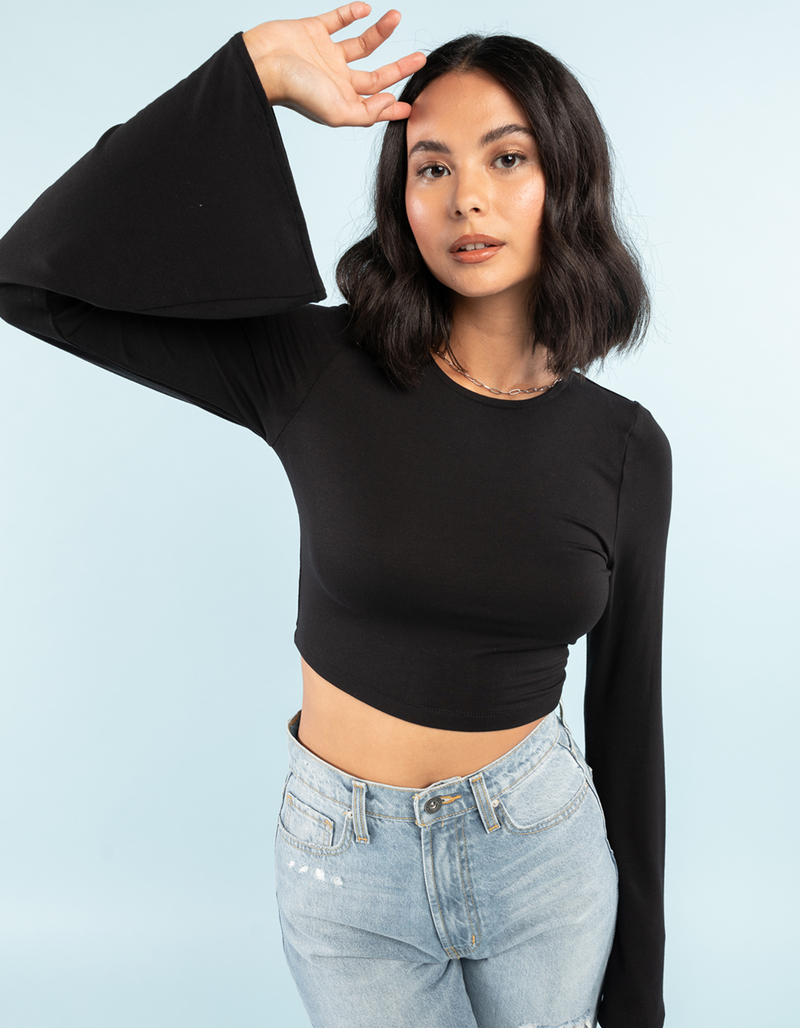 WEST OF MELROSE Flare Sleeve Open Back Womens Top BLACK Tillys