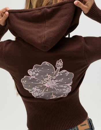 RSQ Womens Hibiscus Zip-Up Hooded Sweater Alternative Image