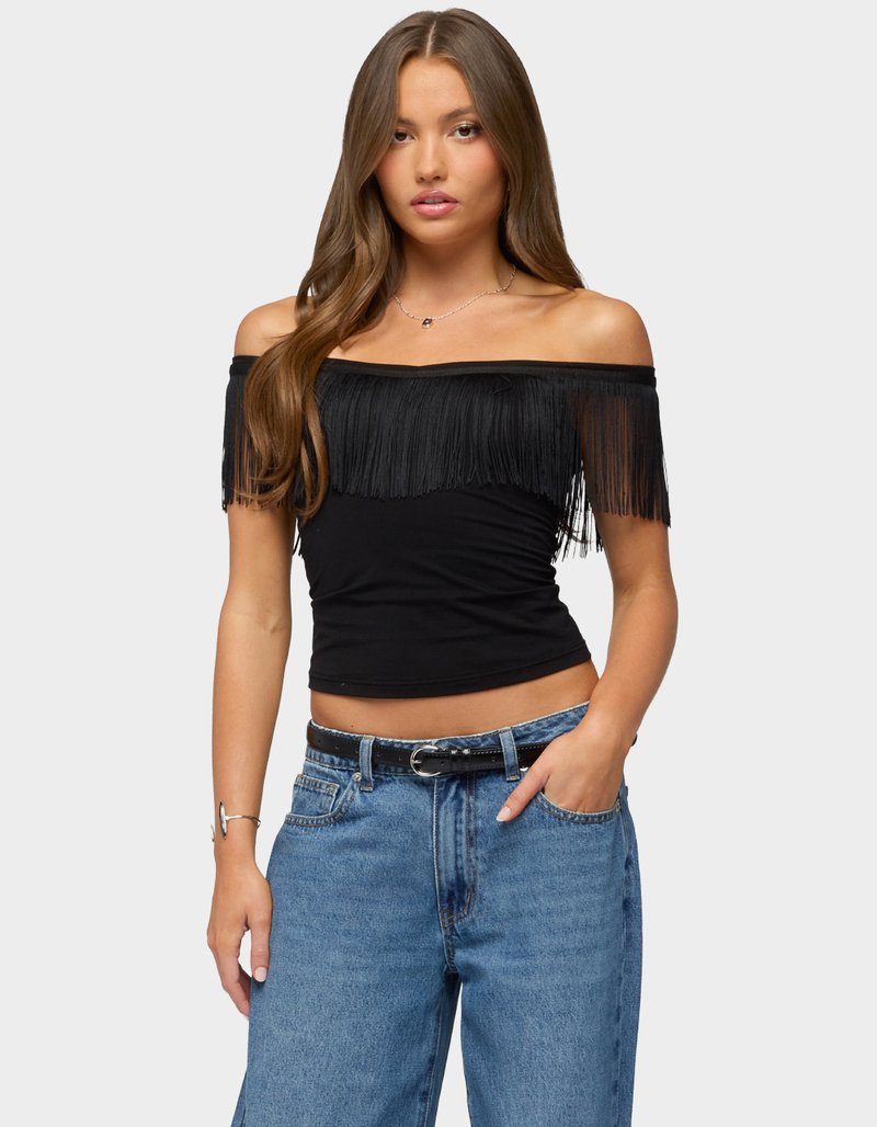EDIKTED Catelina Fringe Off Shoulder Top image number 0
