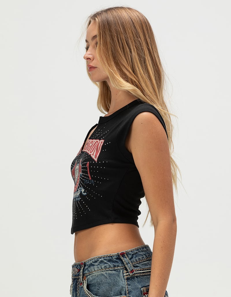 TRUE RELIGION Distressed Buddha Crystal Womens V-Notch Baby Tee image number 2