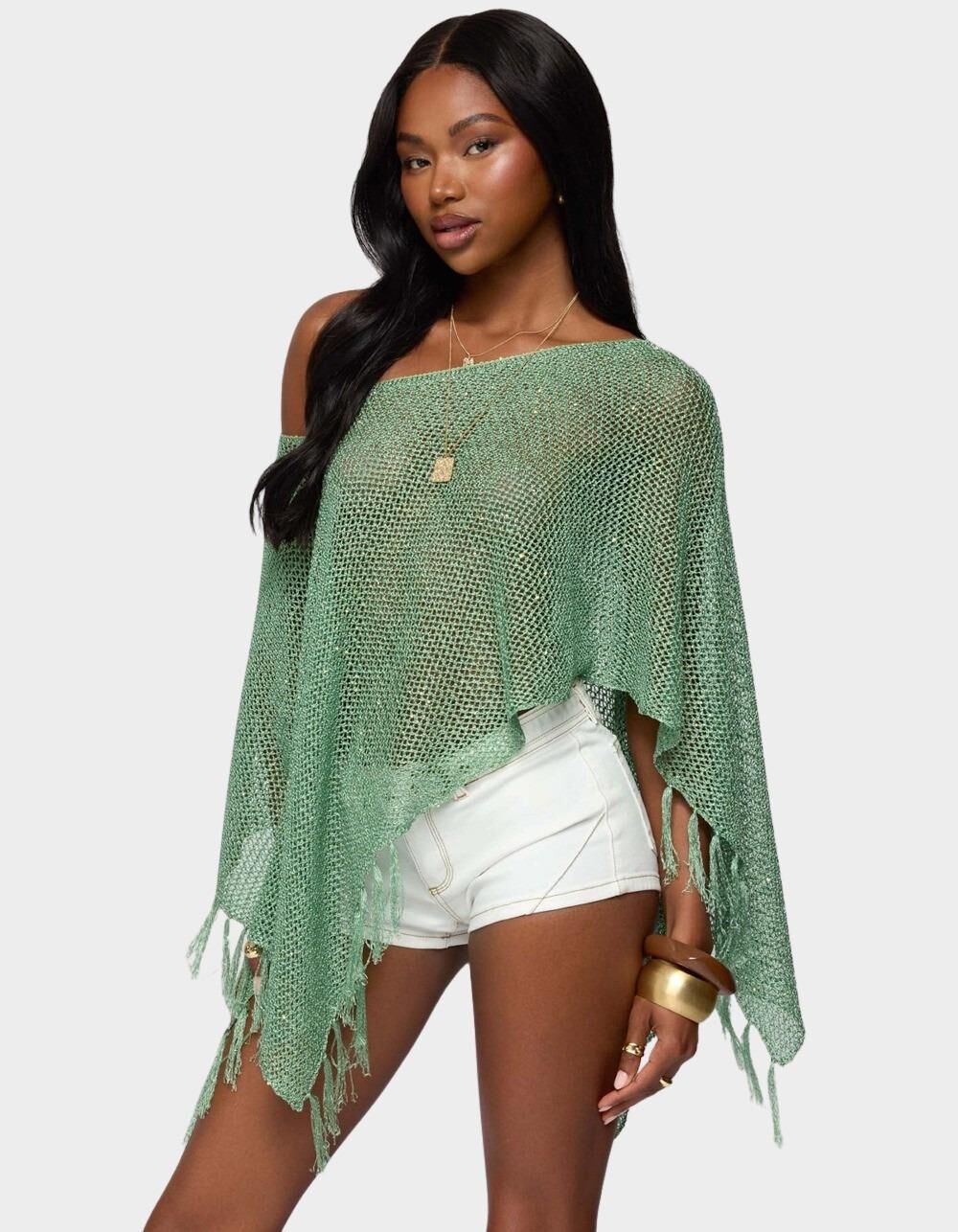 EDIKTED Sequin Fringe Knit Poncho - GREEN - M/L | Tillys