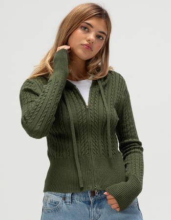 NO COMMENT Cable Knit Womens Zip-Up Hooded Sweater Primary Image
