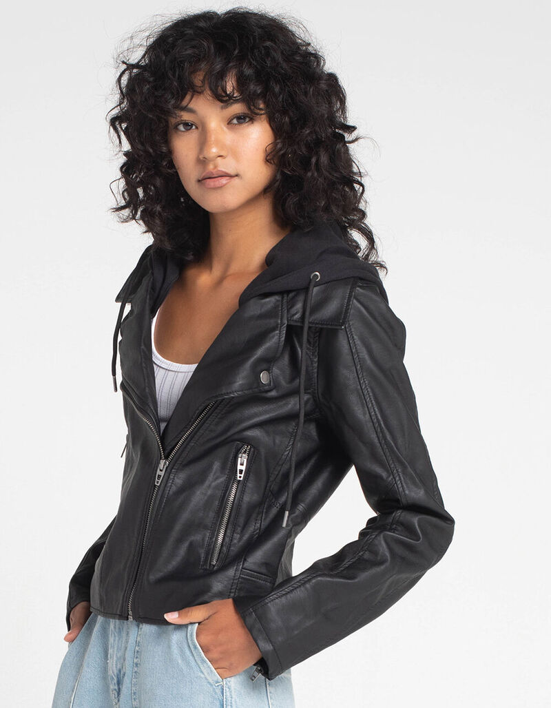RSQ Removable Hood Faux Leather Womens Moto Jacket - BLACK - 377165100