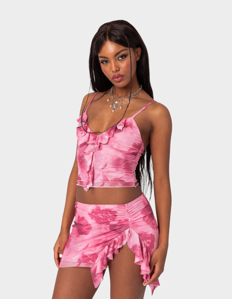 EDIKTED Wanda Printed Mesh Ruffled Tank Top image number 2