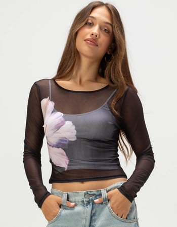 FULL TILT Flower Womens Long Sleeve Mesh Top Primary Image