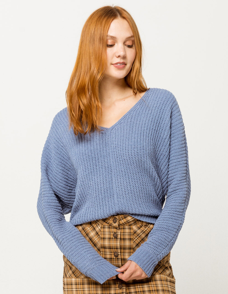 FULL TILT Essentials V-Neck Dolman Blue Womens Crop Sweater image number 0