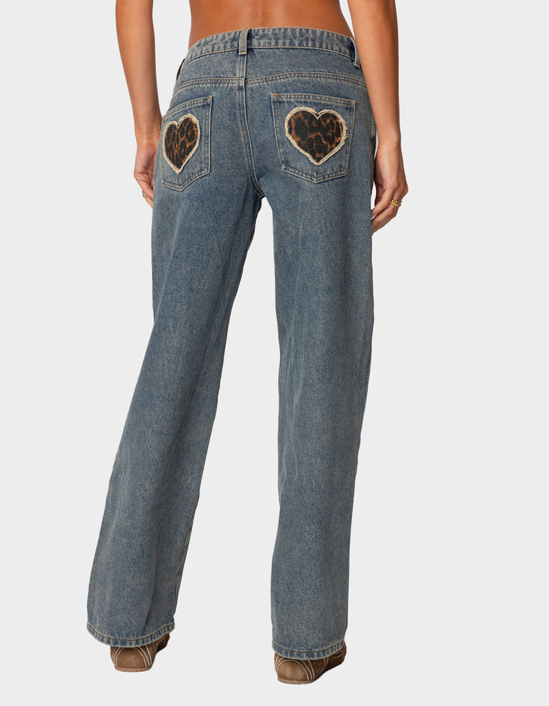 EDIKTED Leopard Heart Low Rise Washed Jeans image number 4