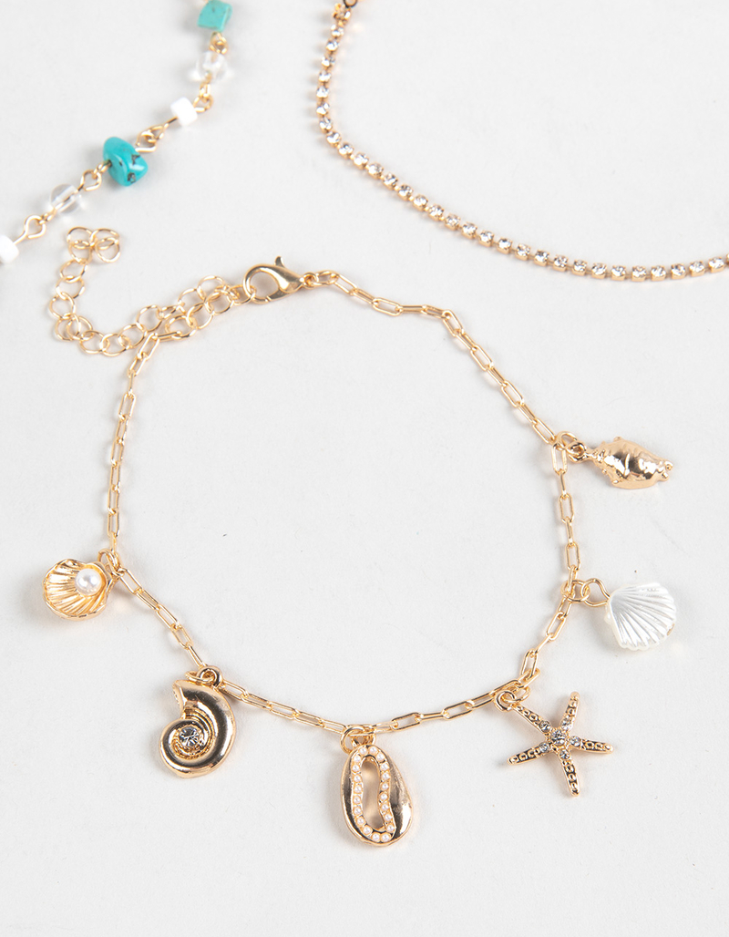 FULL TILT 3 Pack Rhinestone/Beaded/Shell Charm Anklets image number 2