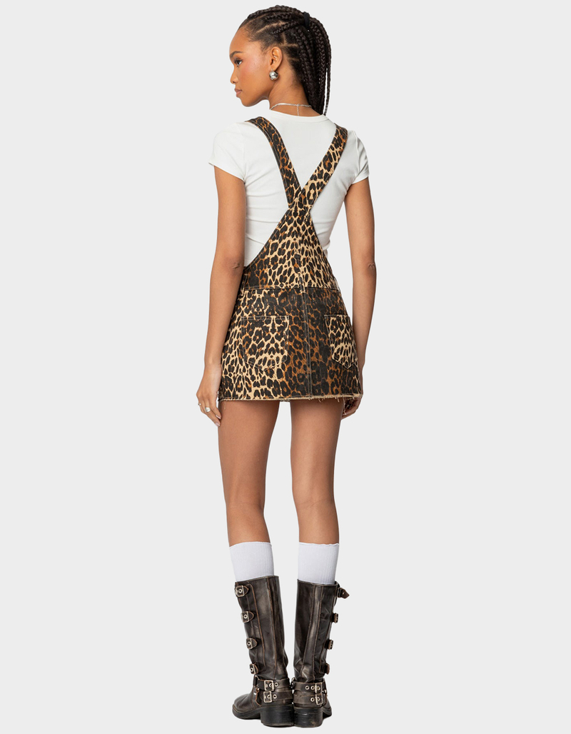 EDIKTED Leopard Denim Overall Mini Dress image number 3