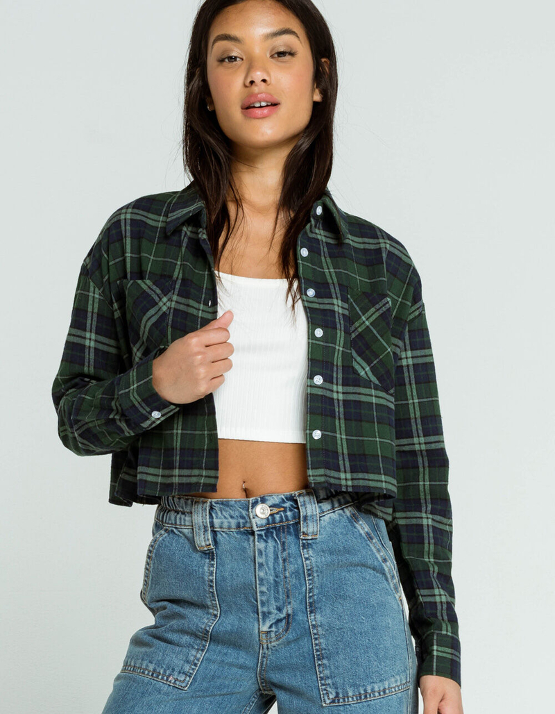 RSQ Womens Blue & Green Crop Flannel Shirt image number 0