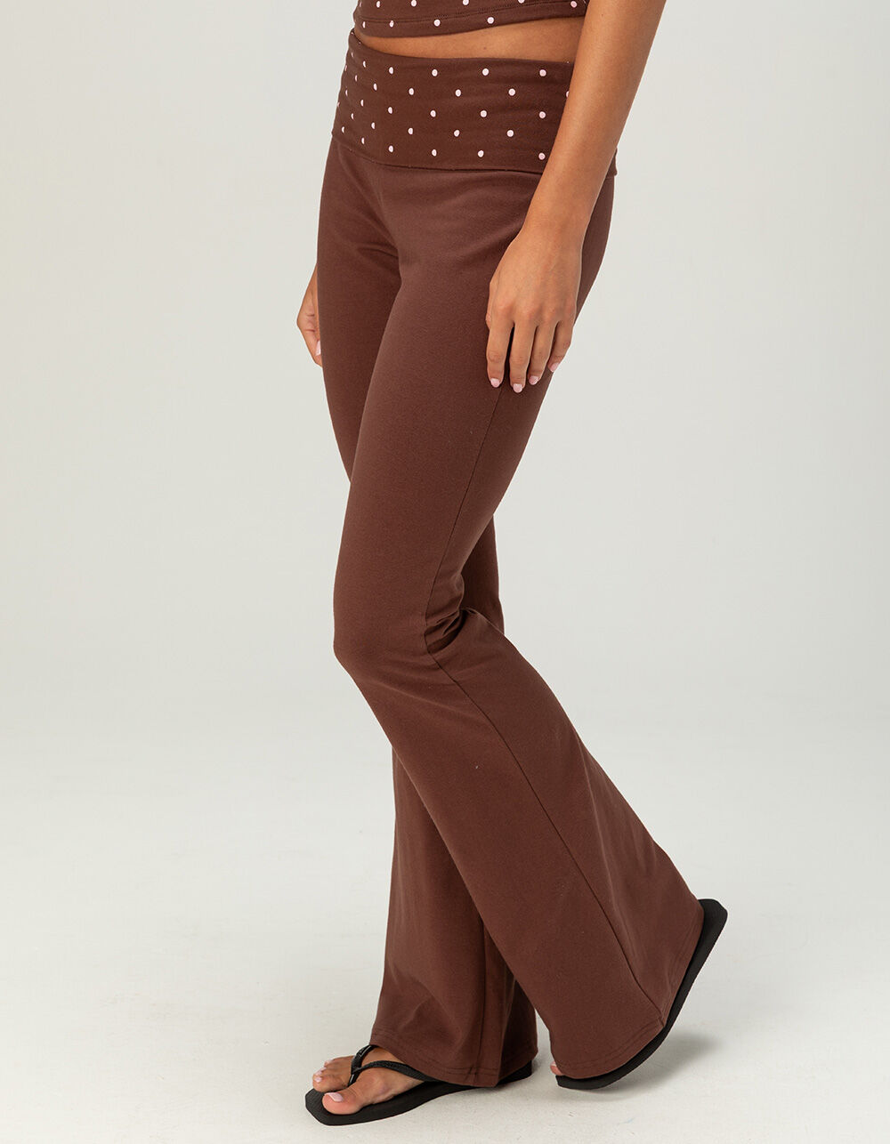 FULL TILT Polka Dot Womens Fold Over Flare Pants - BROWN/PINK