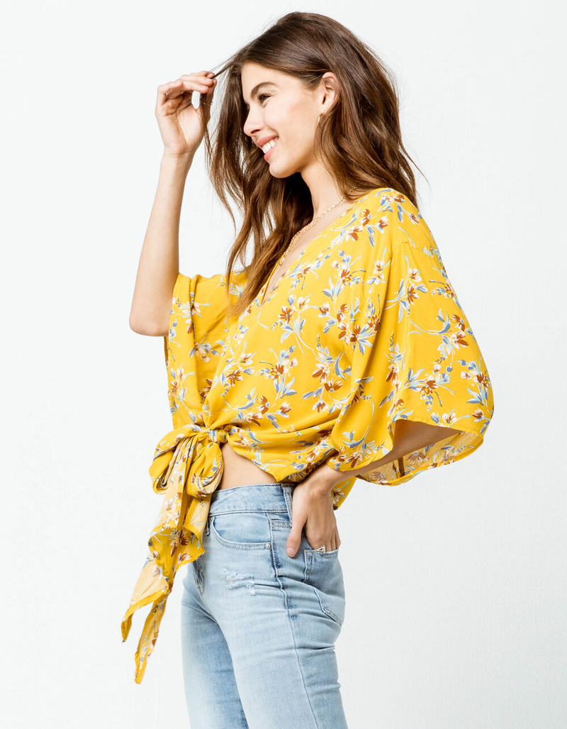 POLLY & ESTHER Kimono Floral Tie Front Mustard Womens Top image number 1