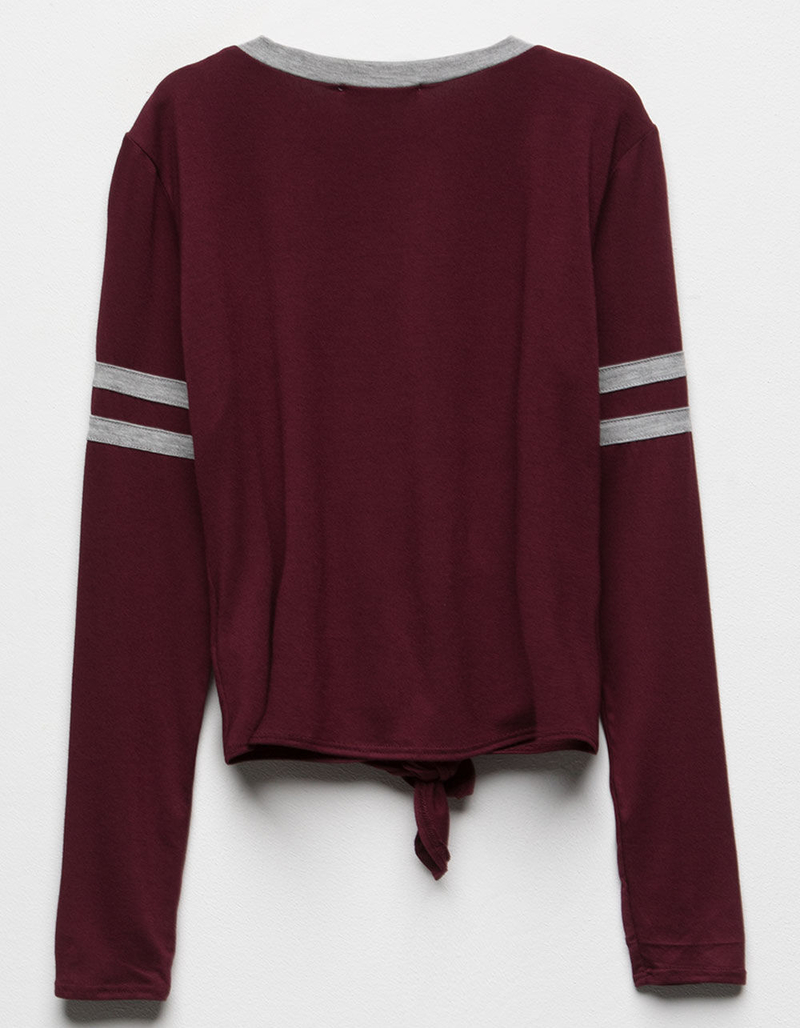 WHITE FAWN Varsity Tie Front Burgundy Girls Pocket Tee image number 1