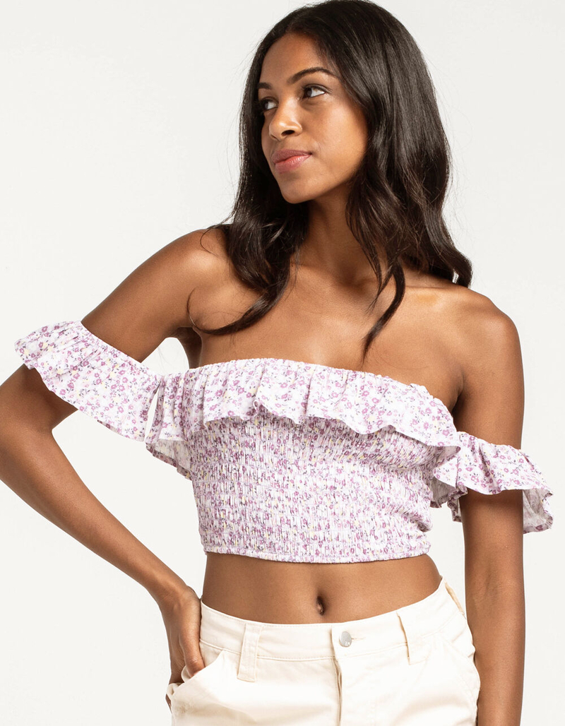 SKY AND SPARROW Off The Shoulder Lavender Smock Crop Top image number 0