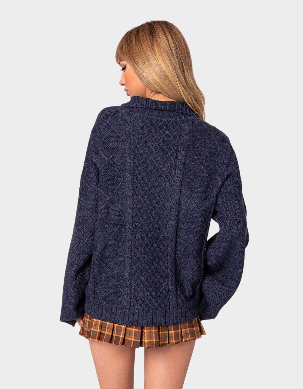 EDIKTED Oversized Quarter Zip Cable Knit Sweater - NAVY | Tillys