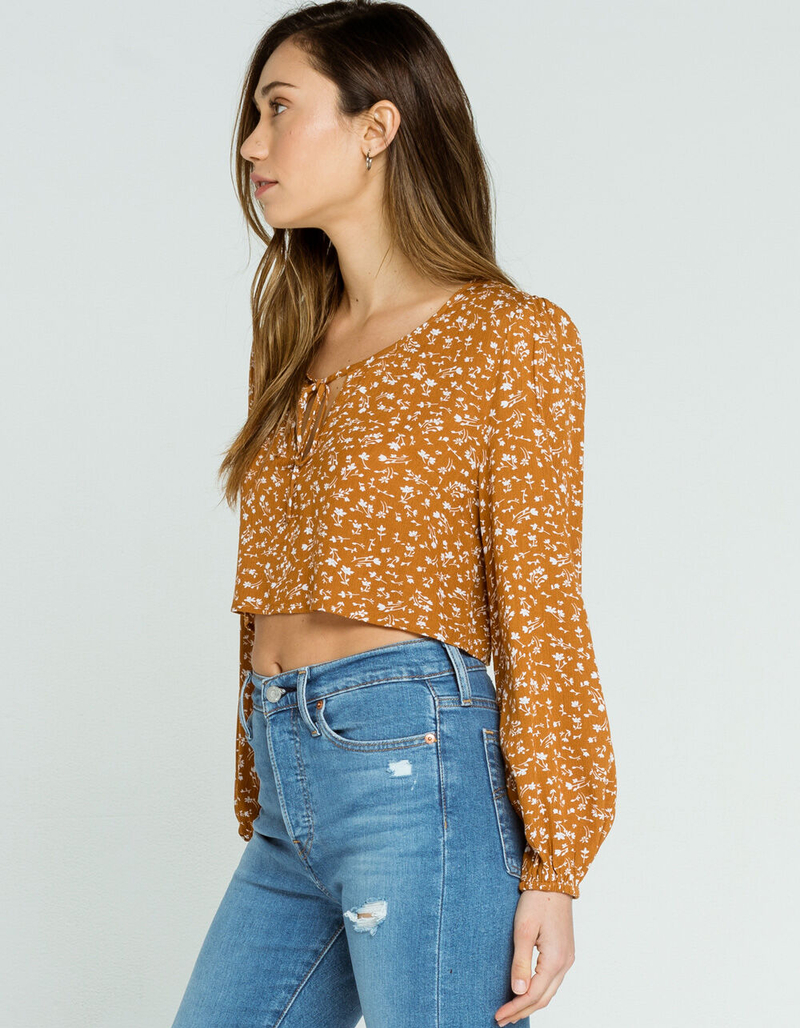 FULL TILT Tie Front Womens Mustard Peasant Top image number 1