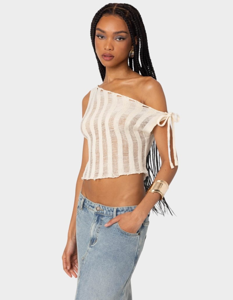 EDIKTED Tamra Sheer Knit Asymmetric Top image number 2