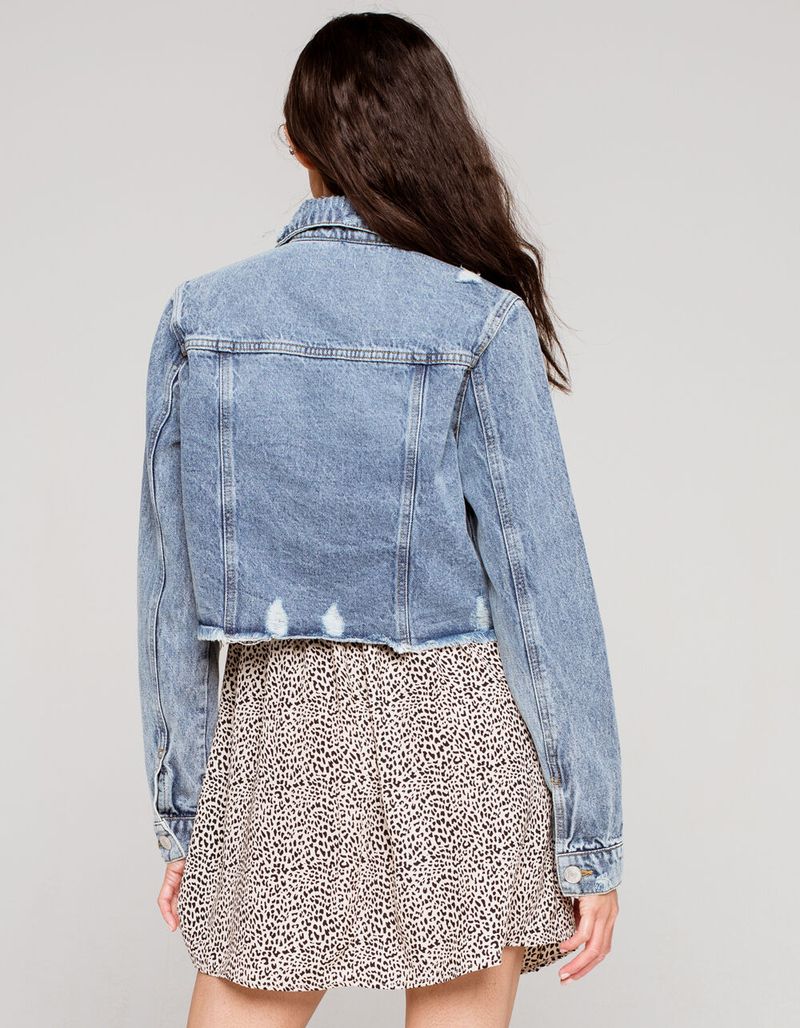 HIGHWAY Destroyed Fray Womens Cropped Denim Jacket image number 2