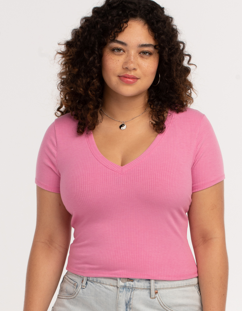 DESTINED Ribbed V-Neck Womens Crop Tee image number 0